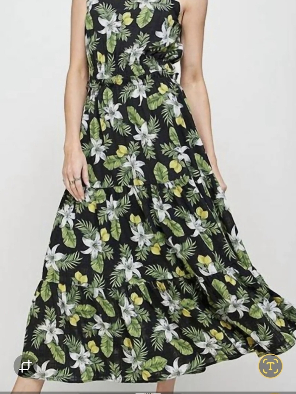 Ellison Black Maxi Dress with White & Green Tropical Floral
